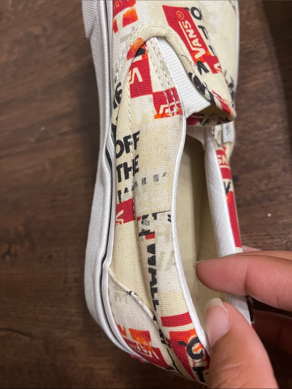 Vans Slip-On Sneakers in Cream with Red & Black Logo Print - Picture 3 of 4